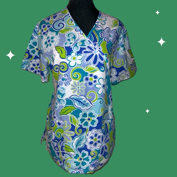 Cherokee  happy whimsical butterfly swirl garden wrap pattern scrub top - Picture 1 of 5